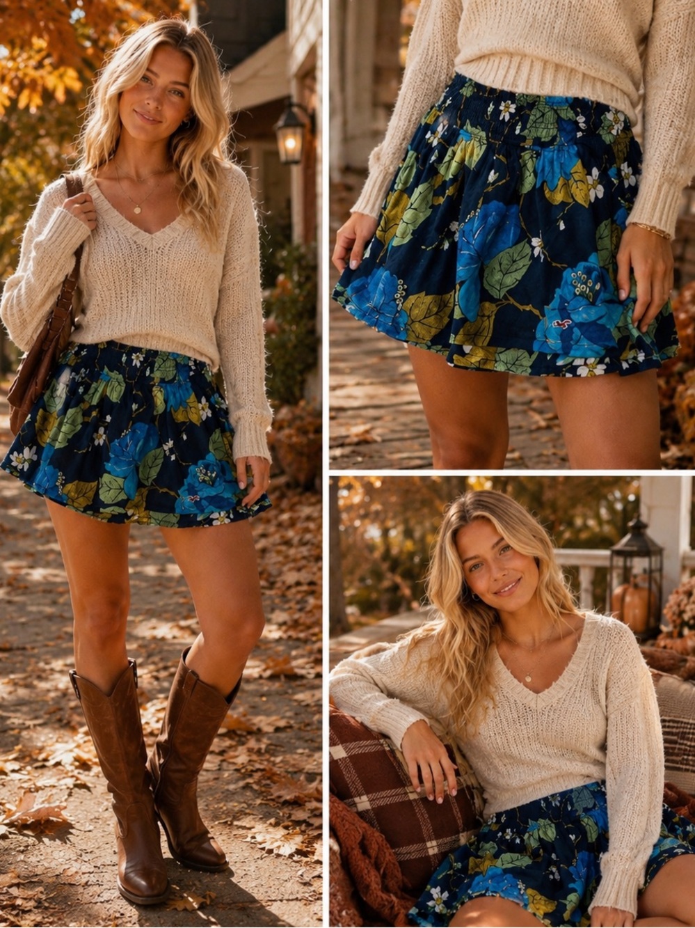Hollister Floral Mini Skirt | Blue Floral | Medium | Smocked Waist | Side Pocket